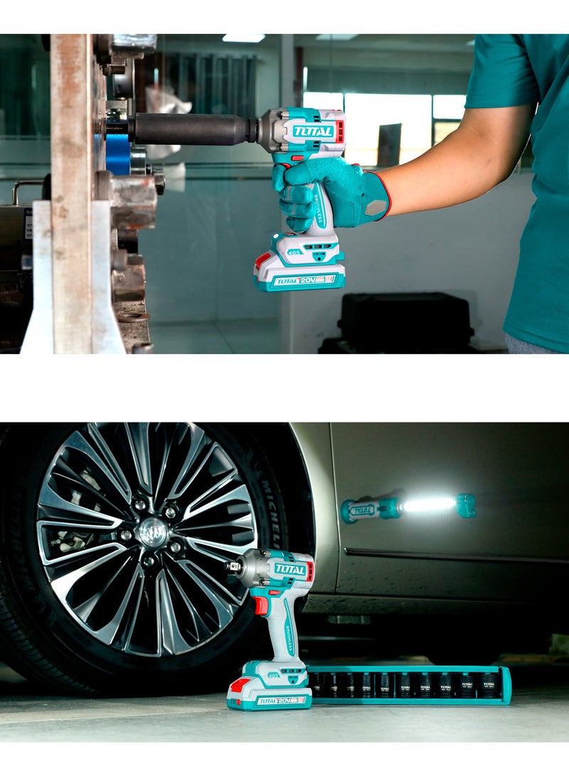 TOTAL 20V Cordless Impact Wrench, Brushless Motor, 405Nm Torque, 1/2 Inch Drive, with 2.0Ah Batteries, Charger, 3 Sockets (17mm, 19mm, 21mm), LED Light, Carrying Case - Image 3