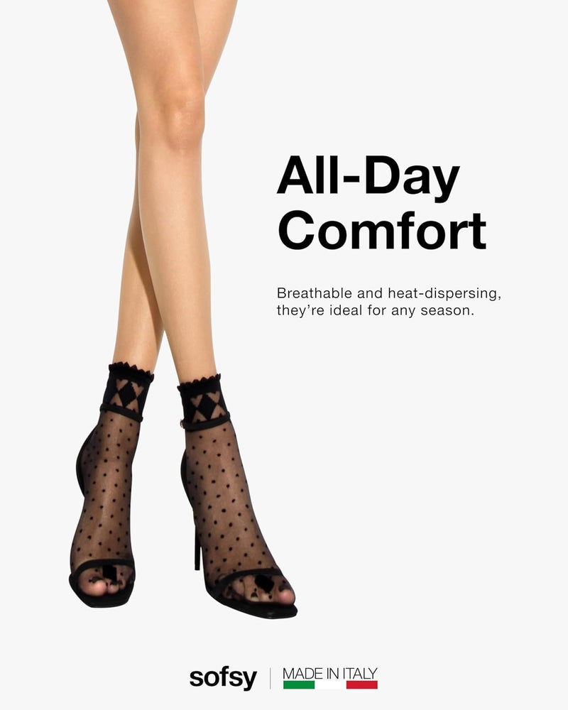 sofsy Italian Dotted Socks Collection (Ankle & Knee High) 20 Den Sheer Patterned Stockings with Ruffled Lace, Geometric Cuffs - Image 4