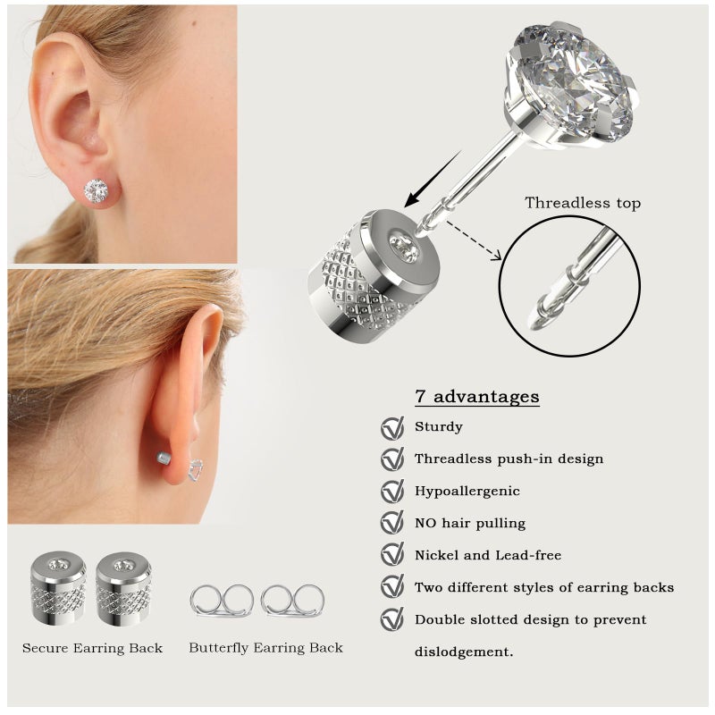 Yetonload 5 pairs Push-in Flat Back Stud Earrings Hypoallergenic Surgical Stainless Steel Cubic Zirconia Earrings Studs Set Multi-Pack, CZ Stud Earrings for Women Men Trendy Cartilage Earrings 4-8mm(B-Silver) - Image 2
