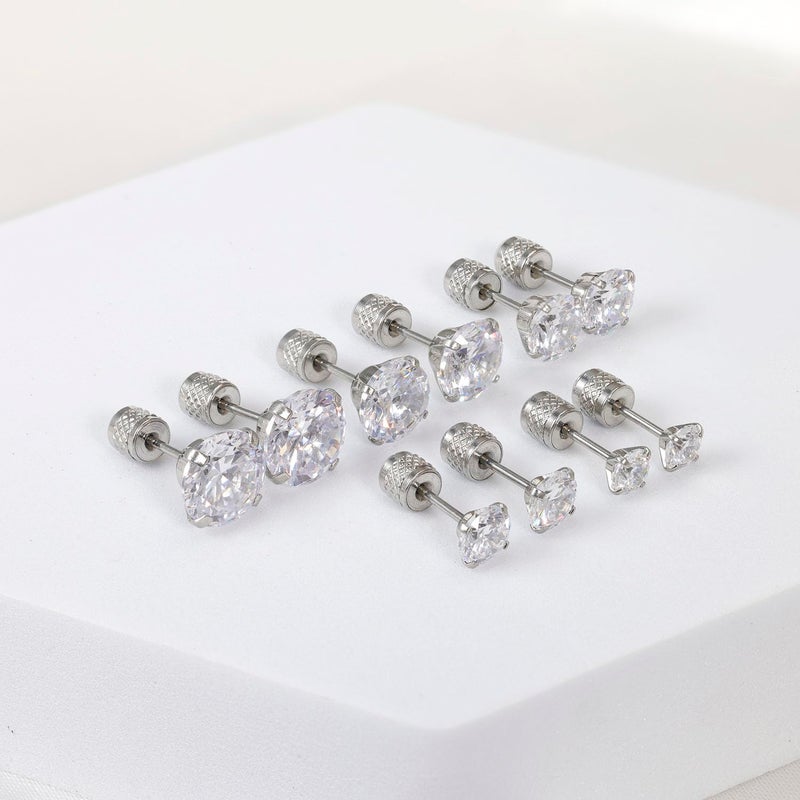 Yetonload 5 pairs Push-in Flat Back Stud Earrings Hypoallergenic Surgical Stainless Steel Cubic Zirconia Earrings Studs Set Multi-Pack, CZ Stud Earrings for Women Men Trendy Cartilage Earrings 4-8mm(B-Silver) - Image 4