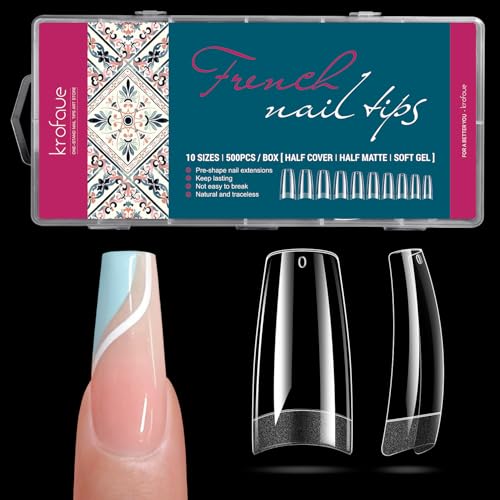 krofaue French Nail Tips - Acrylic Soft Gel False Tips 500PCS Half Cover Square Fake Nails for Women Half Matte French Tip Press on Nails 10 Sizes - Image 1