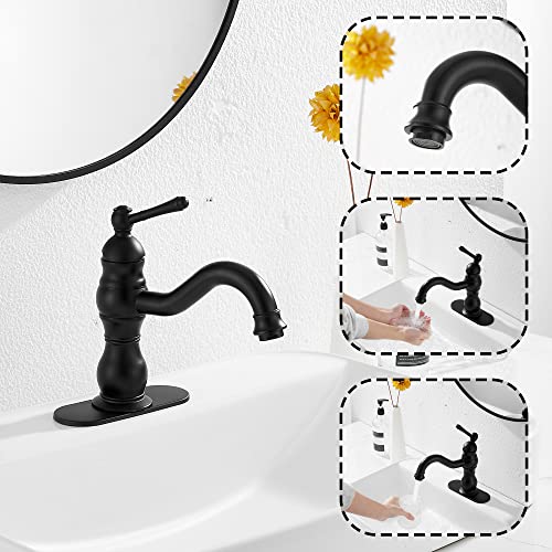 GGStudy Matte Black Bathroom Faucet GGStudy 360° Swivel Bathroom Vanity Faucet Single Handle One Hole Black Bathroom Sink Faucet Basin Matching Pop Up Drain with Overflow - Image 4