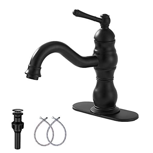 GGStudy Matte Black Bathroom Faucet GGStudy 360° Swivel Bathroom Vanity Faucet Single Handle One Hole Black Bathroom Sink Faucet Basin Matching Pop Up Drain with Overflow - Image 1