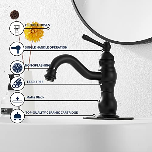 GGStudy Matte Black Bathroom Faucet GGStudy 360° Swivel Bathroom Vanity Faucet Single Handle One Hole Black Bathroom Sink Faucet Basin Matching Pop Up Drain with Overflow - Image 5