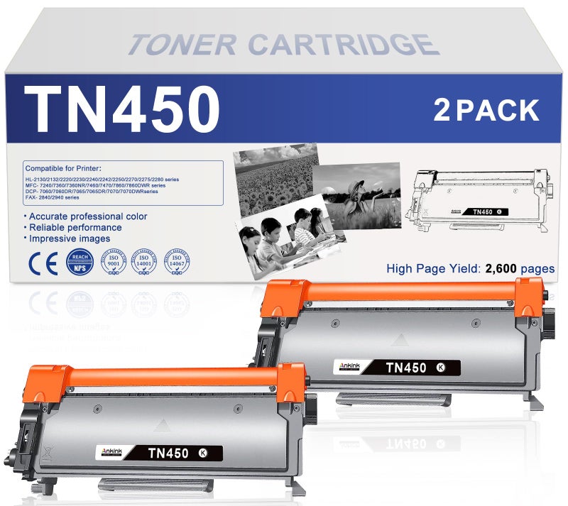 Ankink TN450 TN420 Toner Cartridge High Yield Replacement for Brother TN 450 420 TN450 TN420 for HL2270DW HL2280DW 2270DW HL2230 MFC7360N 7860DW DCP7065DN Intellifax 2840 2940 Printer 2 Black
