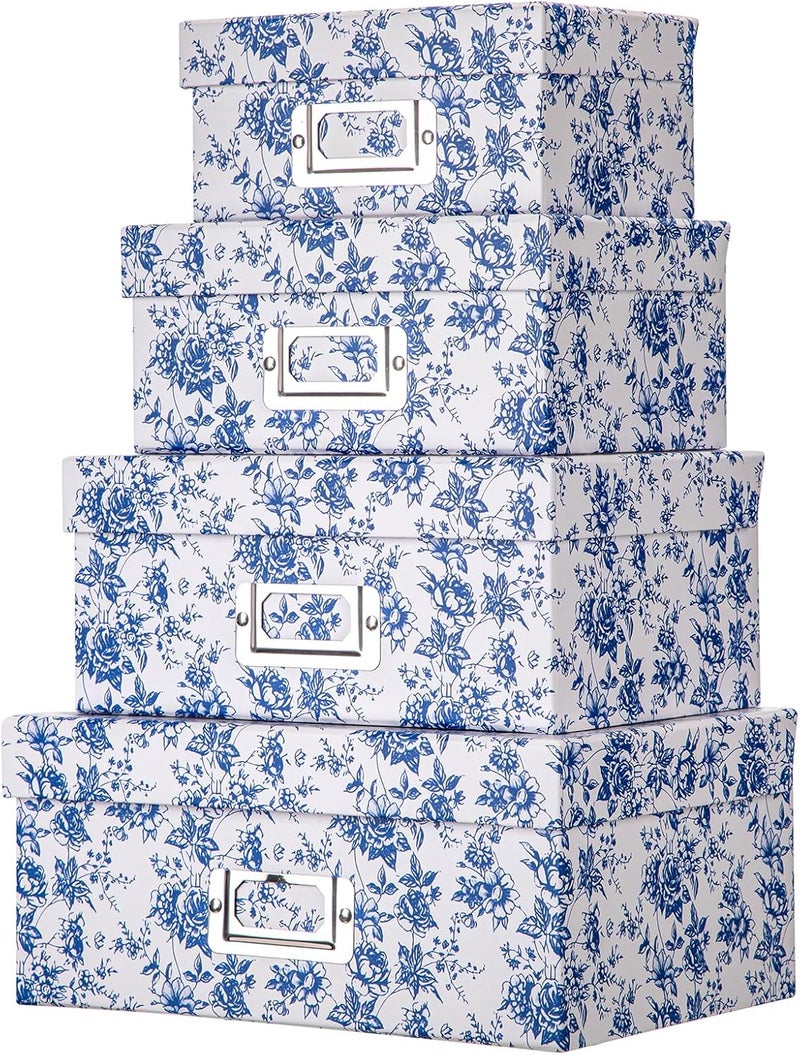 Briful Photo Boxes Storage, Blue and White Storage Boxes with Lids 4 in 1 Set Water-Proof Storage Box Sets with Handles Decorative Multiple Size Storage Bins for Clothes/Shoes/Office/Cosmetic/Books - Image 1