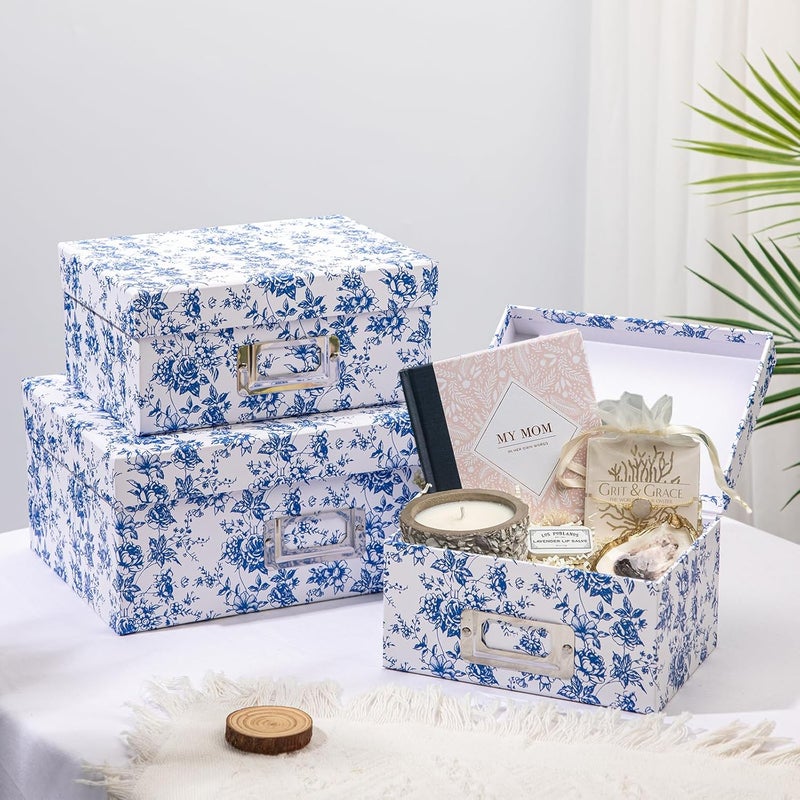 Briful Photo Boxes Storage, Blue and White Storage Boxes with Lids 4 in 1 Set Water-Proof Storage Box Sets with Handles Decorative Multiple Size Storage Bins for Clothes/Shoes/Office/Cosmetic/Books - Image 3