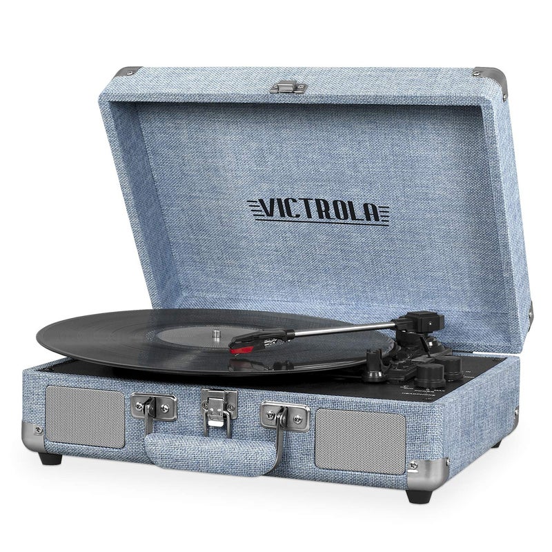 Victrola Vintage 3-Speed Bluetooth Portable Suitcase Record Player with Built-in Speakers | Upgraded Turntable Audio Sound| Includes Extra Stylus | Light Denim Blue Linen - Image 1