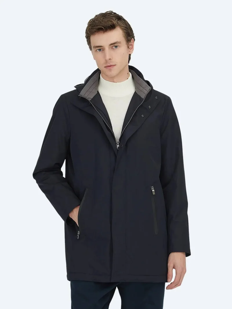 Kip Navy Blue Hooded Casual Weaving Coat
