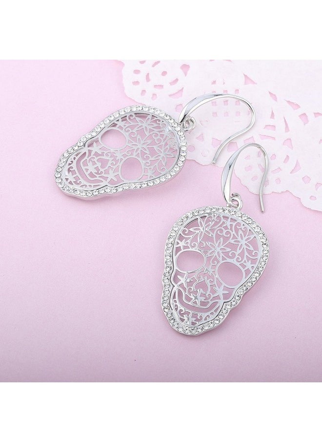 BIRSTONE Dazzling Czech Rhinestone Hollow Skull Steampunk Style Fish Hook Dangle Earrings,Silver  - Image 4