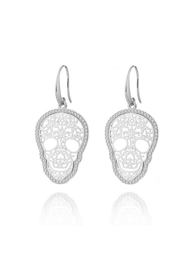 BIRSTONE Dazzling Czech Rhinestone Hollow Skull Steampunk Style Fish Hook Dangle Earrings,Silver  - Image 1