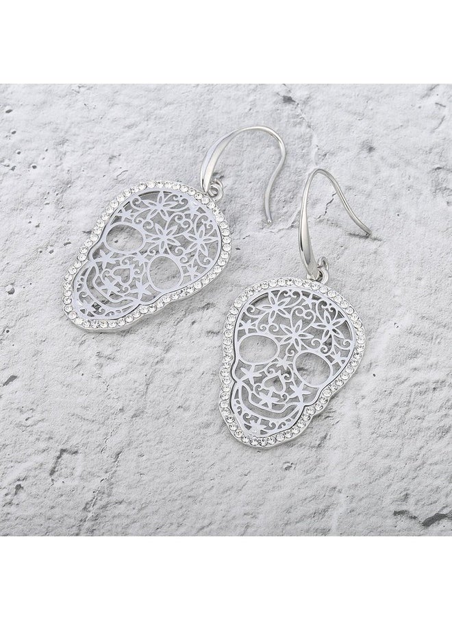 BIRSTONE Dazzling Czech Rhinestone Hollow Skull Steampunk Style Fish Hook Dangle Earrings,Silver  - Image 3
