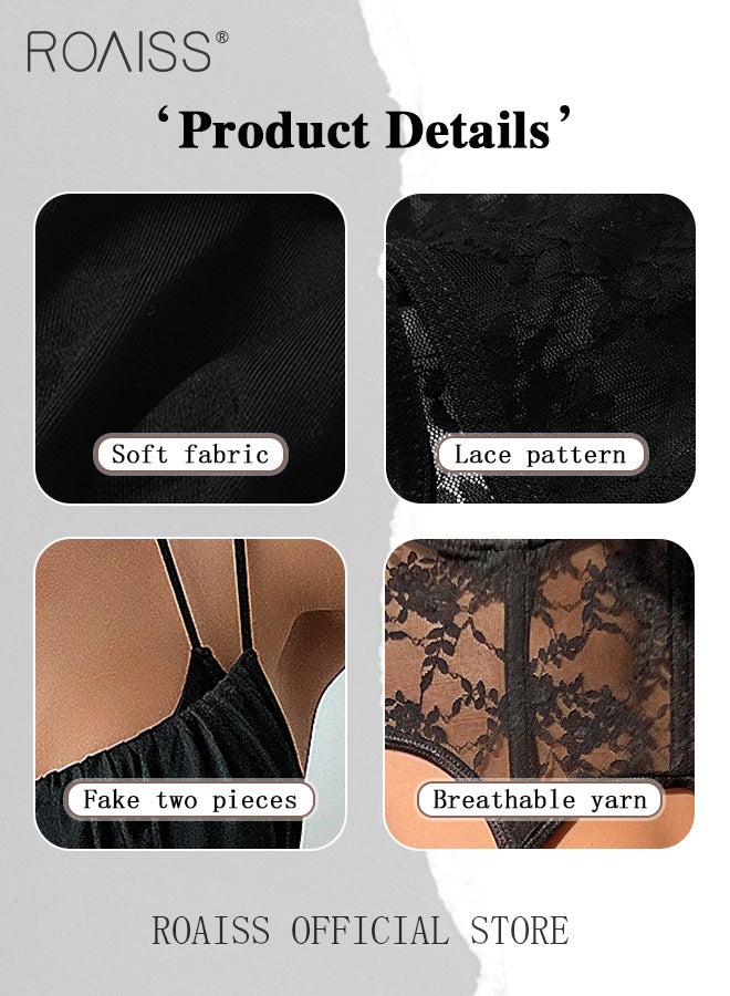 roaiss Lace Cami Umderwear for Women Lace Up Crop Top Ladies Ruched Two Layer Camisole with Spaghetti Strap - Image 2