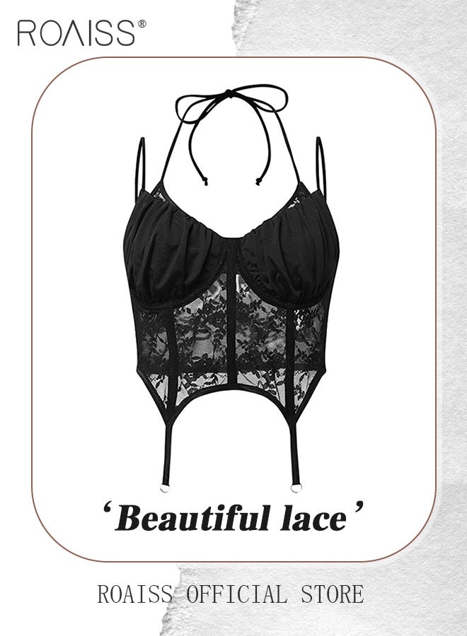 roaiss Lace Cami Umderwear for Women Lace Up Crop Top Ladies Ruched Two Layer Camisole with Spaghetti Strap - Image 1