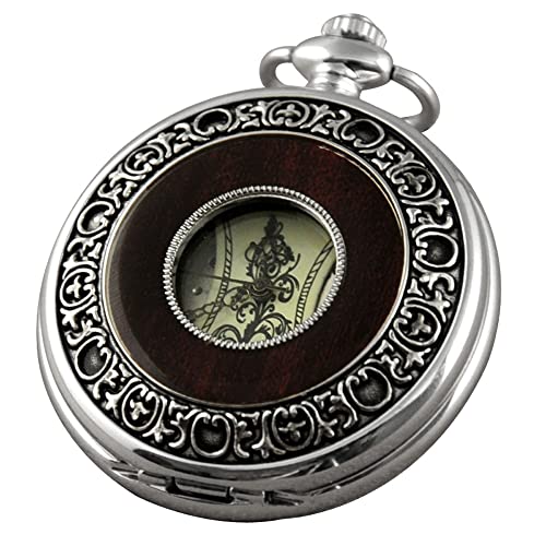 VIGOROSO Men's Hand-Wind Mechanical Pocket Watch Vintage Steampunk Wood Grain Hollow Design with Chain and Box - Image 1