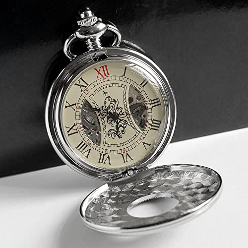 VIGOROSO Men's Hand-Wind Mechanical Pocket Watch Vintage Steampunk Wood Grain Hollow Design with Chain and Box - Image 5