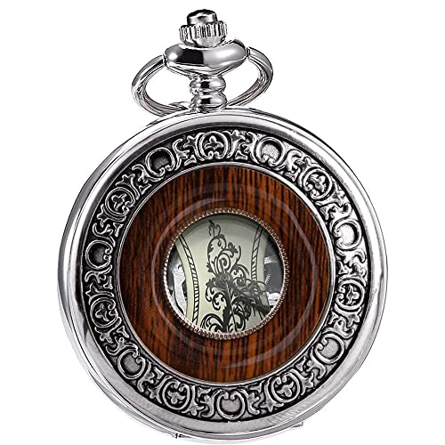 VIGOROSO Men's Hand-Wind Mechanical Pocket Watch Vintage Steampunk Wood Grain Hollow Design with Chain and Box - Image 2