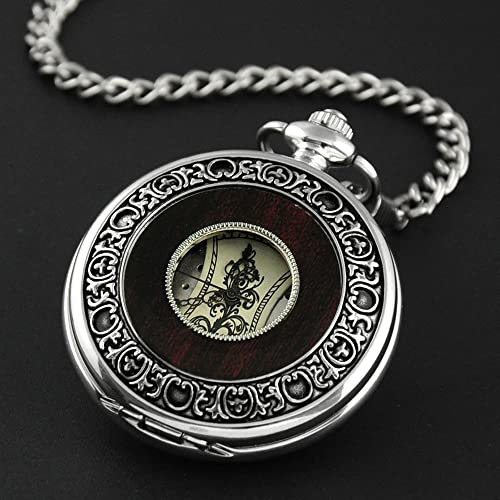 VIGOROSO Men's Hand-Wind Mechanical Pocket Watch Vintage Steampunk Wood Grain Hollow Design with Chain and Box - Image 4