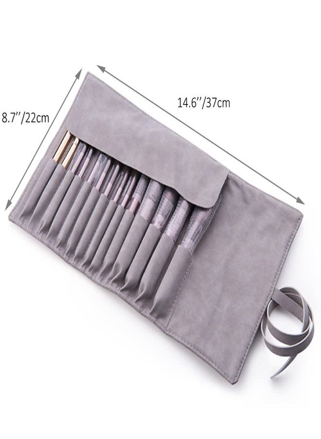 VASANA Gray Soft Makeup Brush Rolling Case Mini Cosmetic Brush Organizer Portable Roll Up Brush Holder Pouch Bag for Travel Business Trip 14 Pockets - Image 2