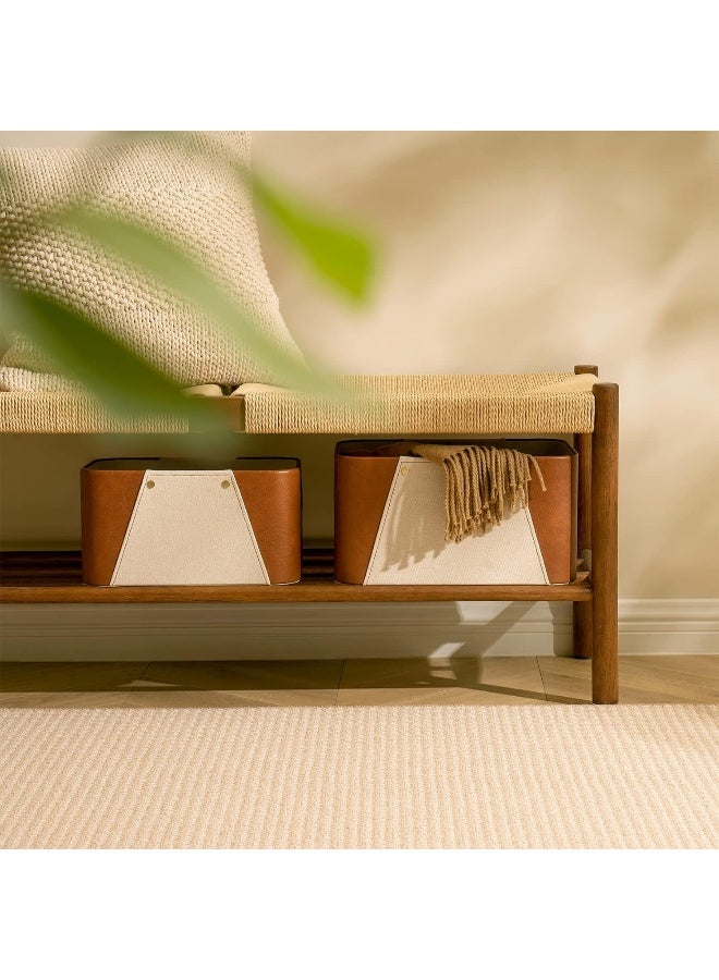 LA JOLIE MUSE Luxury Brown Pu Leather And Beige Greige Fabric Rectangular Storage Basket M Set 2 - Image 2