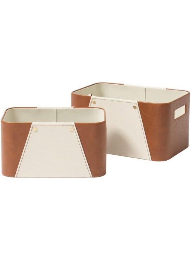 LA JOLIE MUSE Luxury Brown Pu Leather And Beige Greige Fabric Rectangular Storage Basket M Set 2 - Image 1