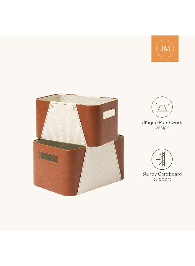 LA JOLIE MUSE Luxury Brown Pu Leather And Beige Greige Fabric Rectangular Storage Basket M Set 2 - Image 3