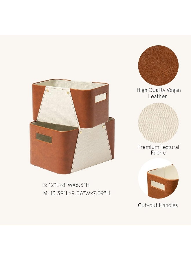 LA JOLIE MUSE Luxury Brown Pu Leather And Beige Greige Fabric Rectangular Storage Basket M Set 2 - Image 4