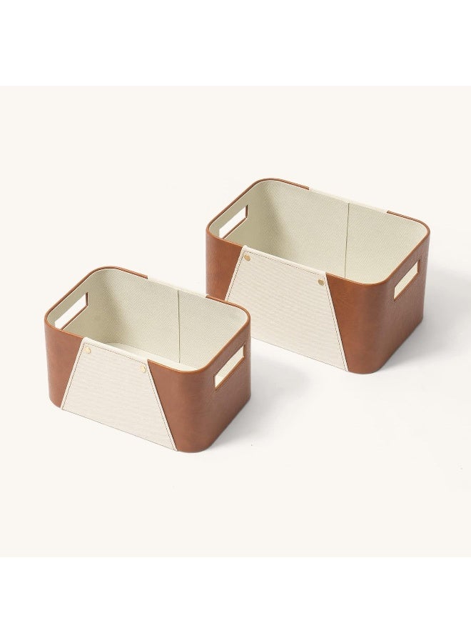 LA JOLIE MUSE Luxury Brown Pu Leather And Beige Greige Fabric Rectangular Storage Basket M Set 2 - Image 5