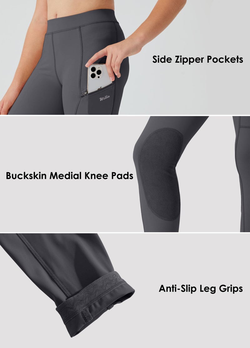 Willit Girls Horse Riding Pants Tights Kids Equestrian Breeches Knee-Patch Youth Schooling Tights Zipper Pockets Gray M - Image 3