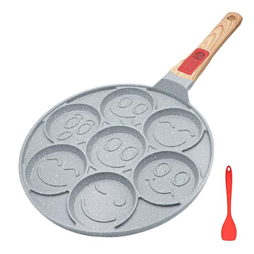 RANX INGST Ceramic Pancake Pan for Kids, Nonstick Pancake Griddle with Detachable Handle, 7 Hole Smiley Face Pancake Mold - Image 1