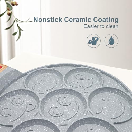RANX INGST Ceramic Pancake Pan for Kids, Nonstick Pancake Griddle with Detachable Handle, 7 Hole Smiley Face Pancake Mold - Image 3