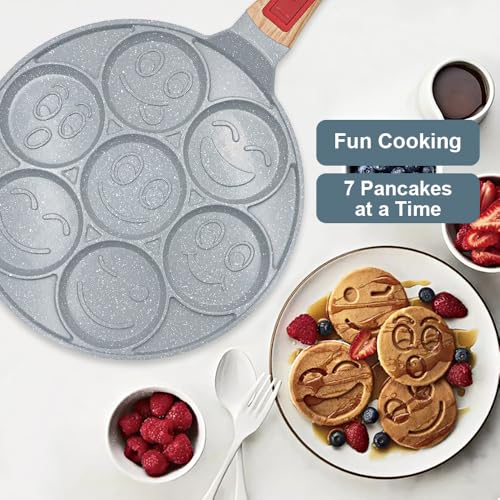 RANX INGST Ceramic Pancake Pan for Kids, Nonstick Pancake Griddle with Detachable Handle, 7 Hole Smiley Face Pancake Mold - Image 2