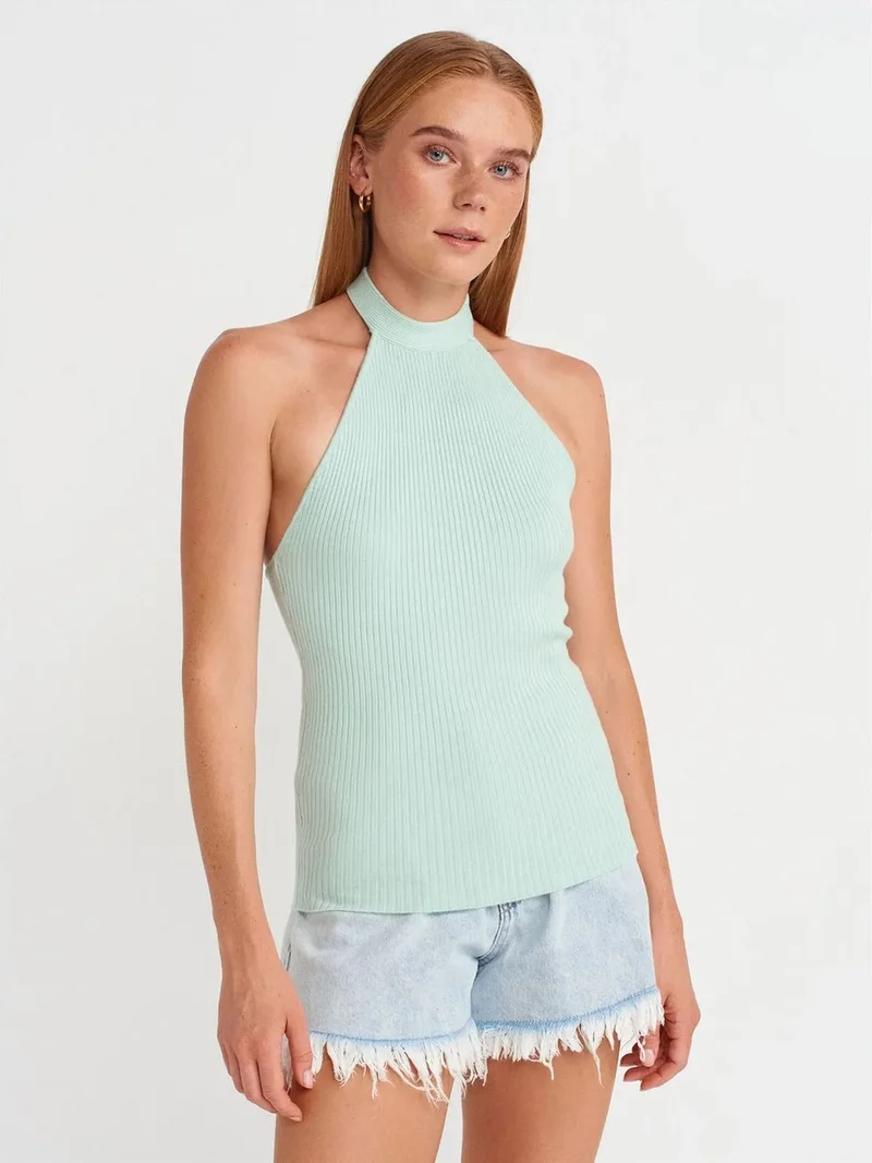 ديلفين DILVIN Ribbed Halterneck Slim-fit Blouse