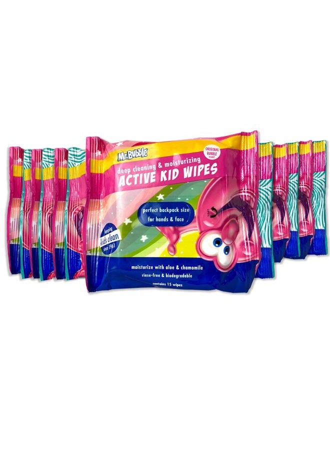 Mr. Bubble Moisturizing Kids Gentle Face and Hand Wipes, Travel Size Biodegradable Deep Cleaning Towelettes Made with Hydrating Aloe Vera and Chamomile (Pack of 12 Pouches, 15 Wipes Each) - Image 1