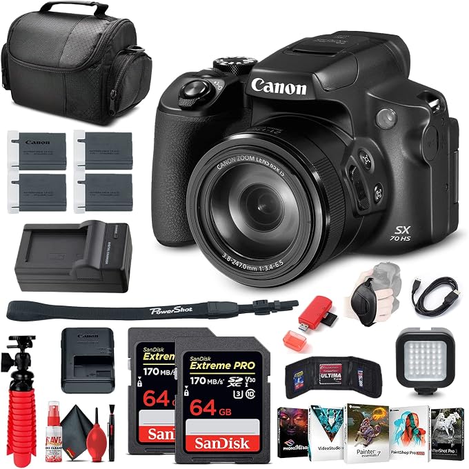 كانون مجموعة كاميرا كانون باور شوت SX70 HS الرقمية مع قارئ بطاقات (3071C001) | للتصوير الفوتوغرافي والفيديو + إضاءة LED + بطاقتي ذاكرة سعة 64 جيجابايت + حقيبة كاميرا + كابل HDMI + شاحن + برنامج تحرير الصور + بطارية - Image 1