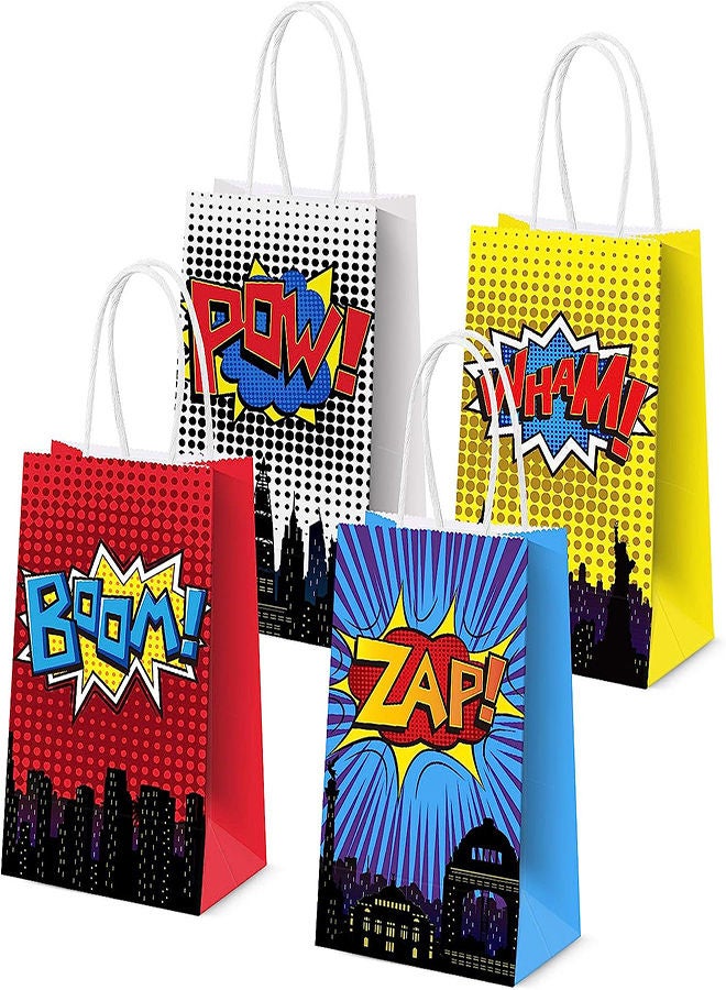 Superhero Party Gift Bags, 16Pcs 4 Color Comic Heros Kraft Paper Goodie Candy Treat Gift with Handle Boom Theme Birthday Decorations Supplies Kids Classroom Family Rewards Prize Bag