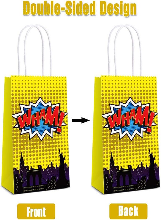 Superhero Party Gift Bags, 16Pcs 4 Color Comic Heros Kraft Paper Goodie Candy Treat Gift with Handle Boom Theme Birthday Decorations Supplies Kids Classroom Family Rewards Prize Bag