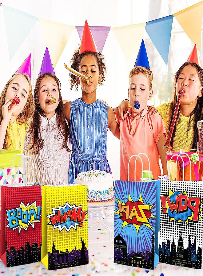 SYOSI Superhero Party Gift Bags, 16Pcs 4 Color Comic Heros Kraft Paper Goodie Candy Treat Gift with Handle Boom Theme Birthday Decorations Supplies Kids Classroom Family Rewards Prize Bag  - Image 3