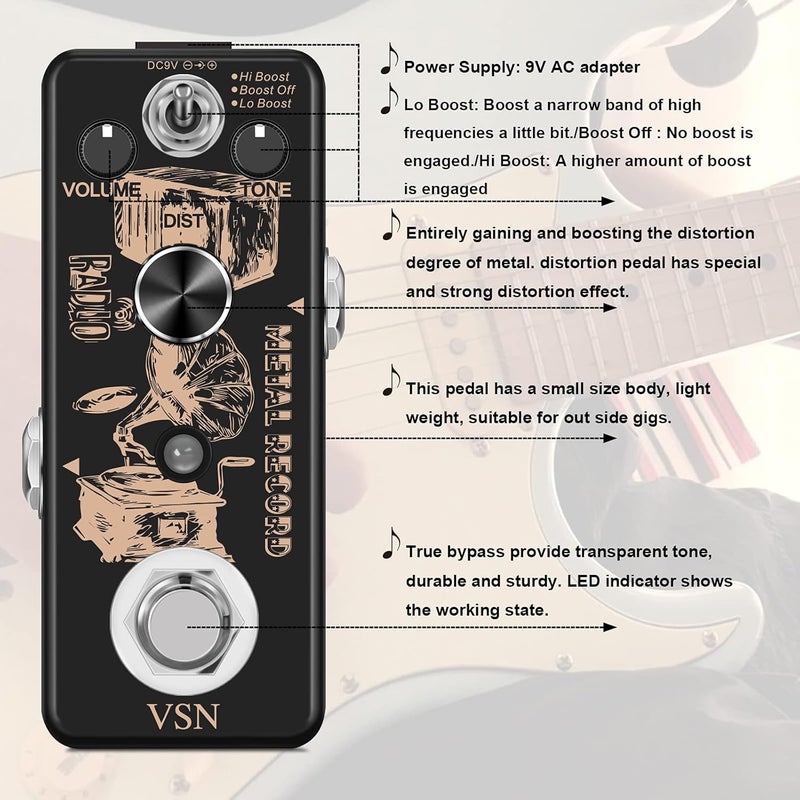 VSN Metal Distortion Pedal for Electric Guitars, 3 Working Modes, Warm Smooth Wide Range of Vintage Distortion Sound, Mini Effect Pedal True Bypass - Image 3