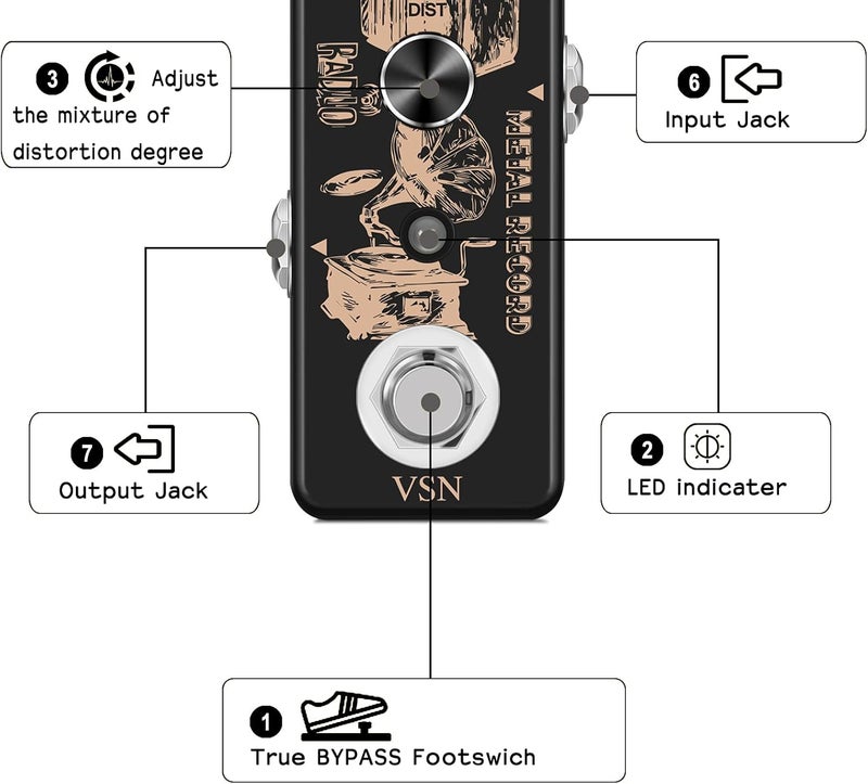 VSN Metal Distortion Pedal for Electric Guitars, 3 Working Modes, Warm Smooth Wide Range of Vintage Distortion Sound, Mini Effect Pedal True Bypass - Image 2