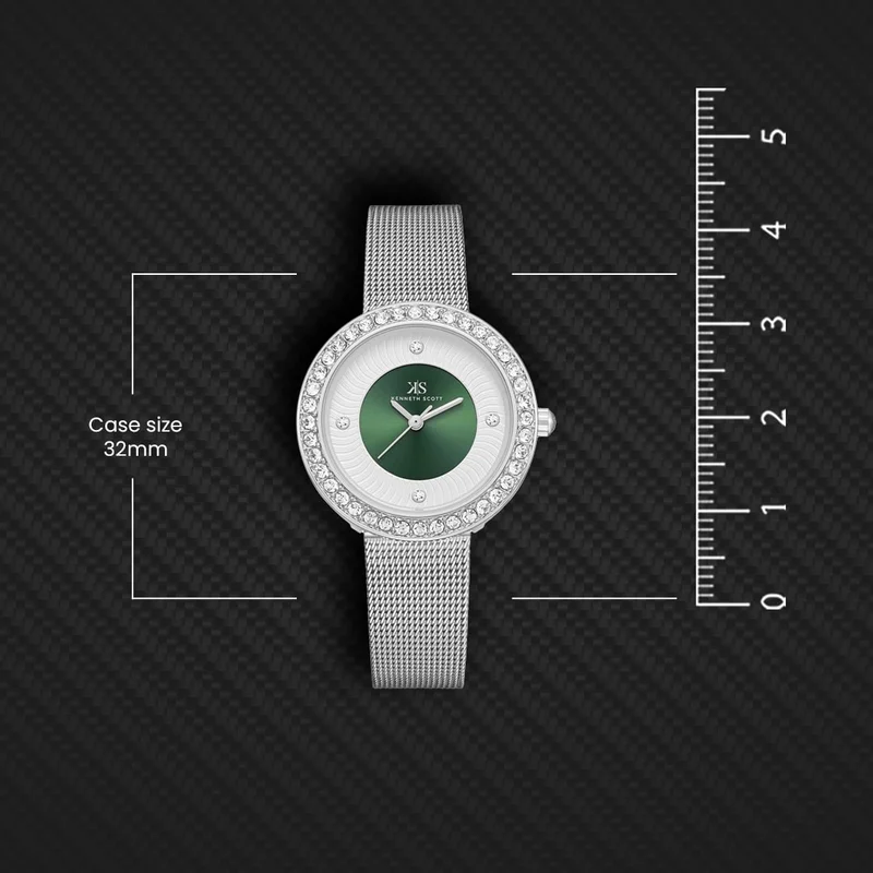 Kenneth Scott Green Kenneth Scott Women's PC21 Movement Watch, Analog Display and Stainless Steel Strap - K23535-SMSG, Silver for Women | Best Price UAE