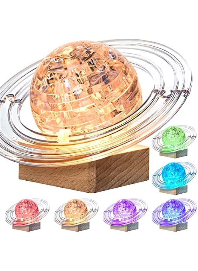 3D Crystal Puzzle, 40PCS Saturn Assembly Brain Teaser with Light-Up Wood Base, Plastic Saturn DIY Puzzle Blocks 3D Model Toy for Kid 14+ (White) - Image 1