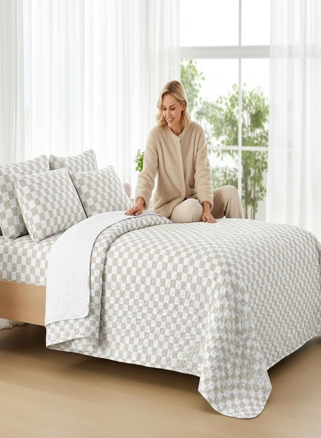 REPRECONF Ultra-Soft Checkered Quilt Set King Size Checkerboard Lightweight Breathable Bed Bedspread All Season Quilted Comforter Reversible 3 Pieces (1 Quilt, 2 Pillow Shams) Beige - Image 1