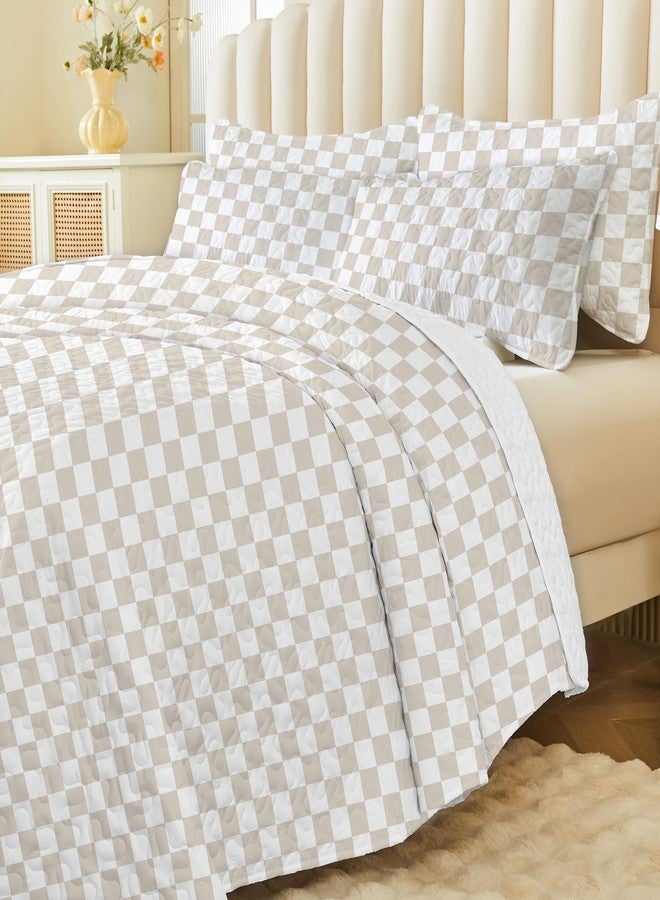 REPRECONF Ultra-Soft Checkered Quilt Set King Size Checkerboard Lightweight Breathable Bed Bedspread All Season Quilted Comforter Reversible 3 Pieces (1 Quilt, 2 Pillow Shams) Beige - Image 2