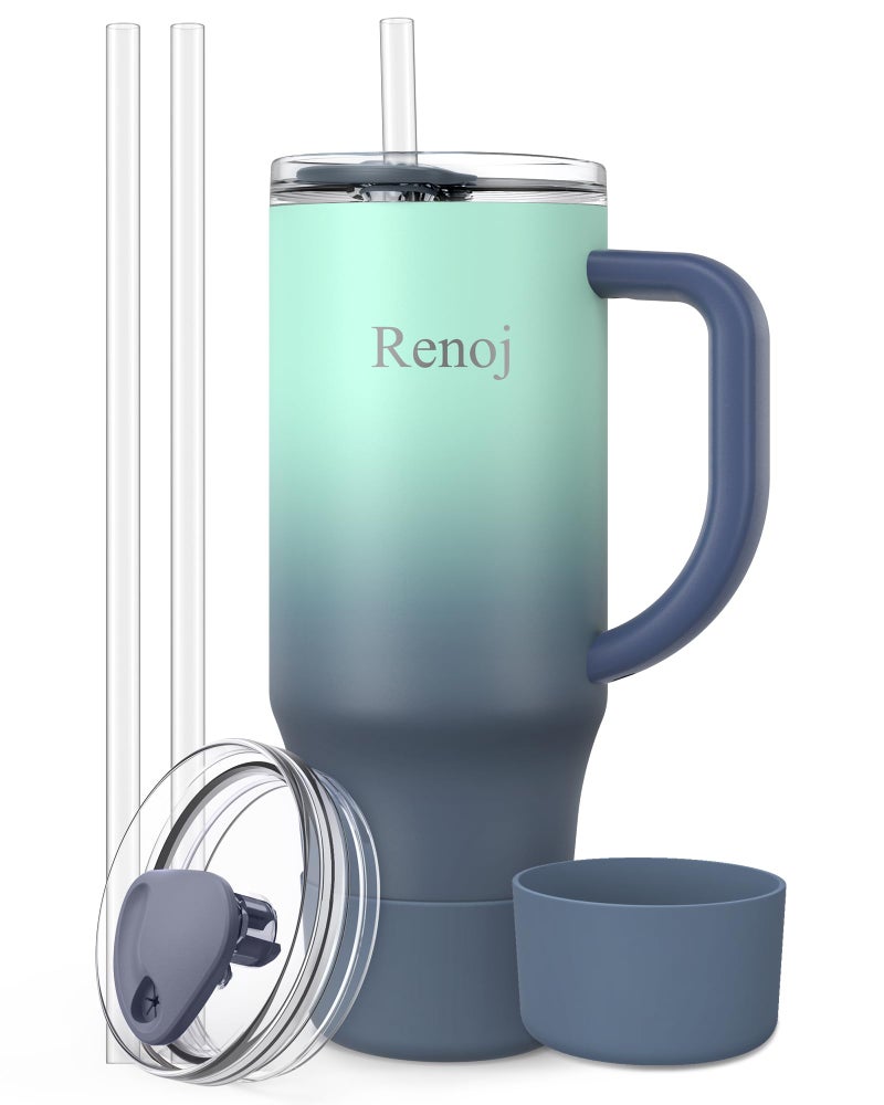 Renoj Insulated Mug 100% Spill Resistant Insulated Water Bottle for Iced Coffee & Hot Drinks - Fits Car Cup Holder, Ideal Gift, 2 Straws & Silicone Boot - FlexSlide Blue Gradient 40 oz - Image 1