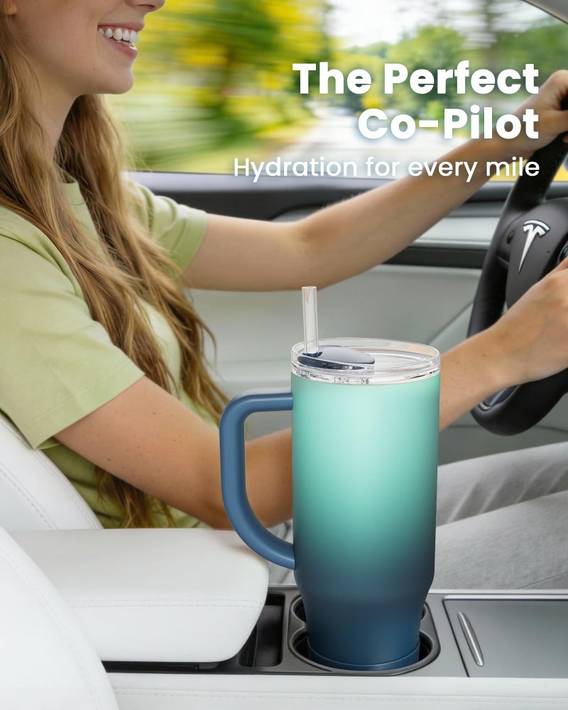 Renoj Insulated Mug 100% Spill Resistant Insulated Water Bottle for Iced Coffee & Hot Drinks - Fits Car Cup Holder, Ideal Gift, 2 Straws & Silicone Boot - FlexSlide Blue Gradient 40 oz - Image 2