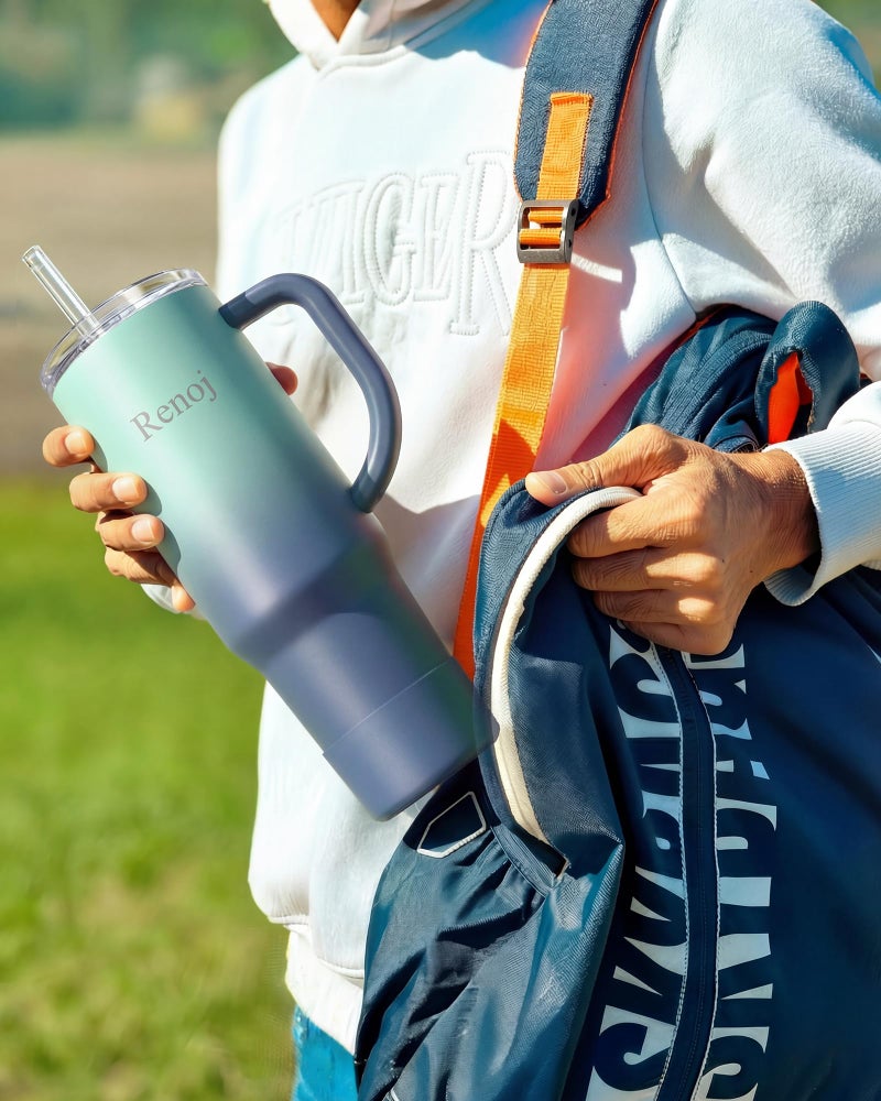 Renoj Insulated Mug 100% Spill Resistant Insulated Water Bottle for Iced Coffee & Hot Drinks - Fits Car Cup Holder, Ideal Gift, 2 Straws & Silicone Boot - FlexSlide Blue Gradient 40 oz - Image 3