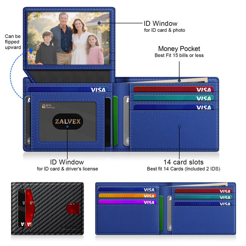 ZALVEX Wallet for Men Slim RFID Blocking Leather Credit Card Holder Wallet for 14 Cards, Bifold Minimalist Thin Wallet with 2 ID Windows & Cash Slot, Front Pockt Carteras Para Hombres, Birthday Gifts for Men - Image 2