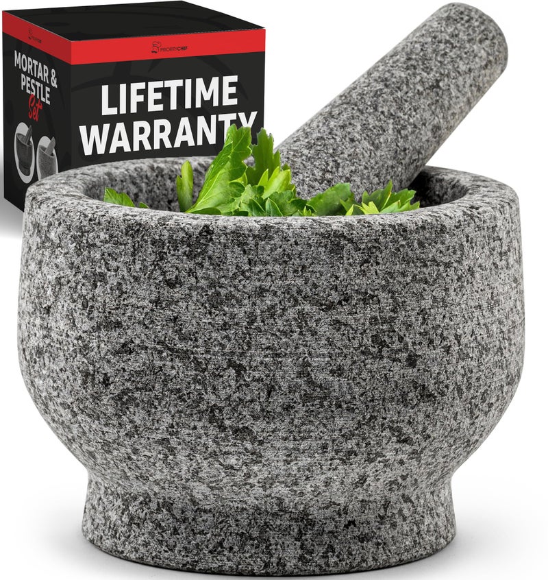PriorityChef Large Mortar and Pestle Set Heavy Duty Natural Granite Make Fresh Guacamole at Home Solid Stone Grinder Bowl Herb Crusher Spice Grinder 2 Cup Size Unpolished Grey