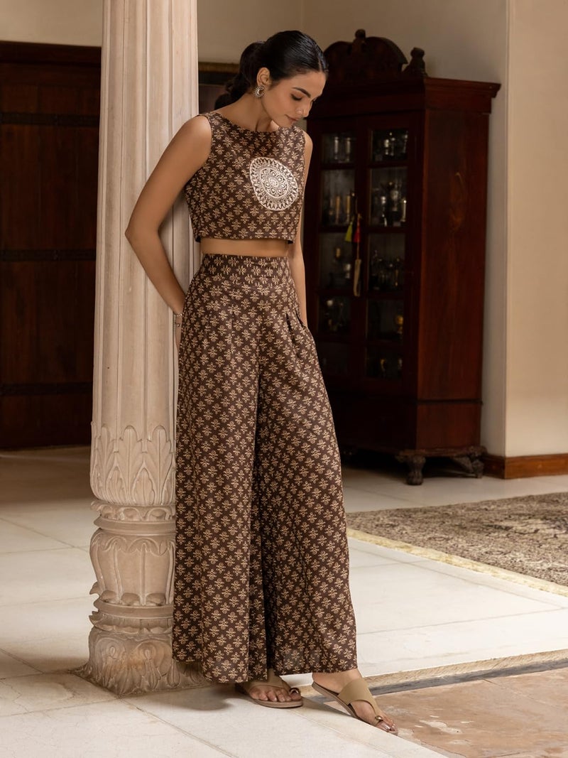 FIORRA Women's Brown Cotton Embroidered Co-ord Set SET0190 - Image 3